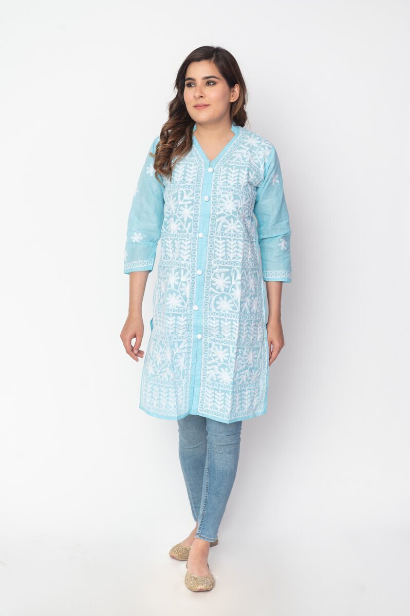 Printed Navy Blue and White Color Combination Short Kurti Manufacturers  Delhi Online Printed Navy Blue and White Color Combination Short Kurti  Wholesale Suppliers India