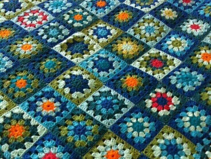 Handmade Blanket Knit Bed Spread Crochet Granny Square Blanket Home Warming Gift Turquoise Blue Teal with Flowers