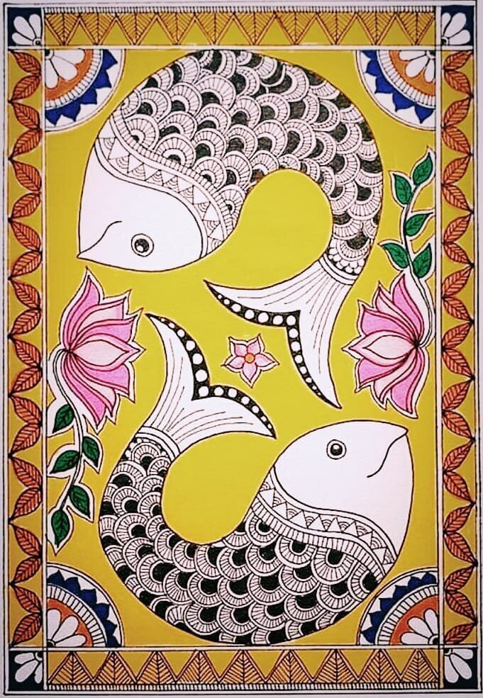 Madhubani Hand Painting Pair Of Fishes Original Handmade Painting ...