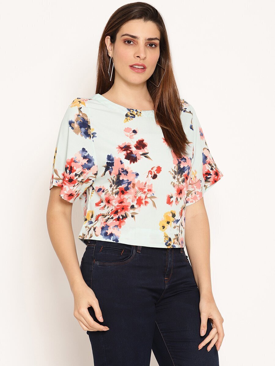 Women's Poly Crepe Turquoise white Floral Top, Natured Top, Floral