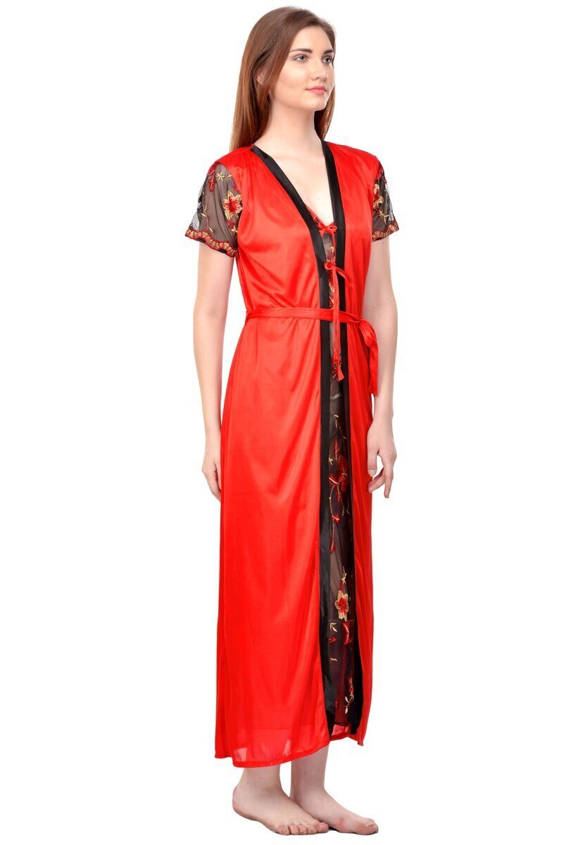 Buy Women's Satin Maroon Nightwear/Nightdress 4pc Set Nighty, Wrap