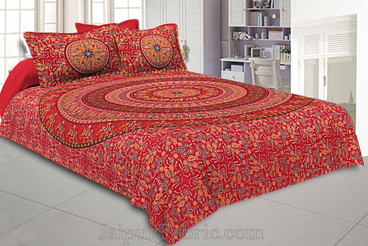 Red Pink Peacock Mandala Bedding Set KING Size Flat Bed Sheet Pillow Cases 