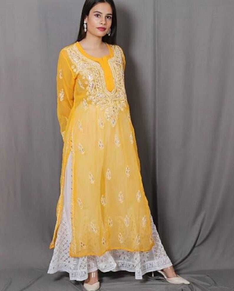 Ada Hand Embroidered Grey Cotton Lucknow Chikankari Women Kurta - A230001 -  Ada - 3657977