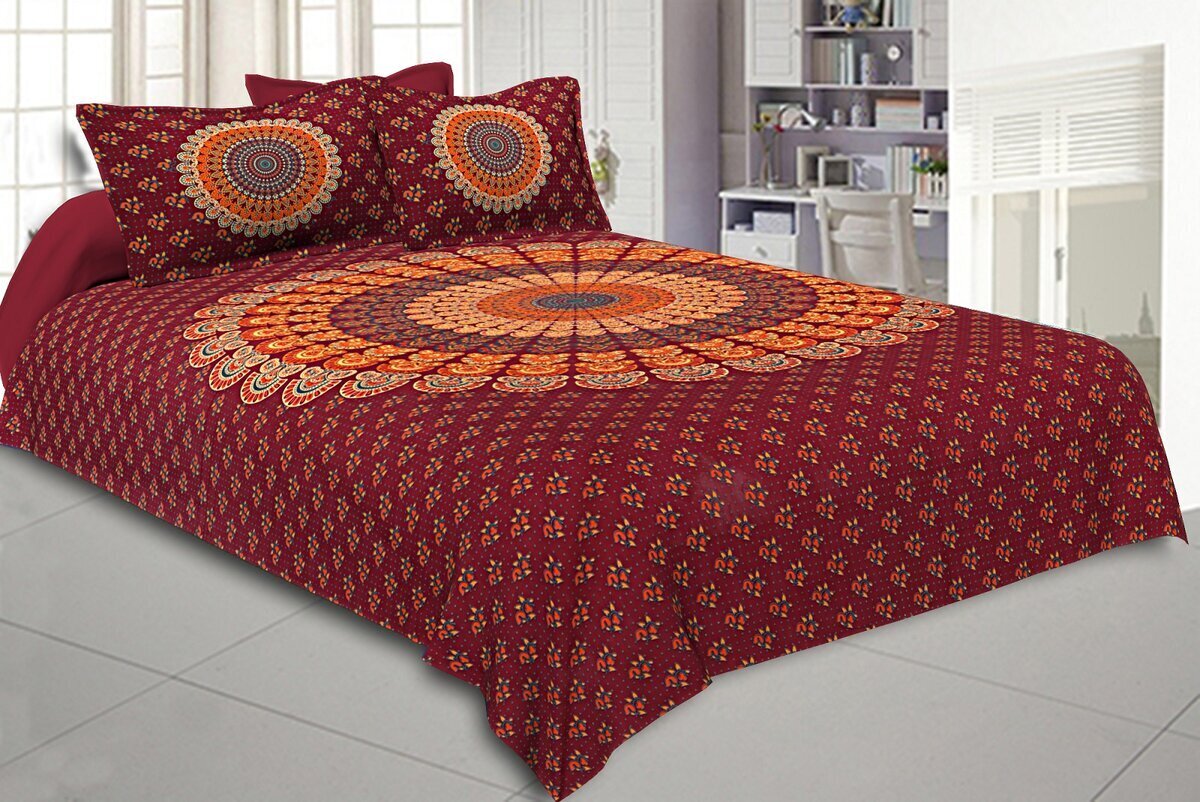 Indian Mandala Queen Size Cotton Bed Sheet With 2 Pillow Cover Bedding Set