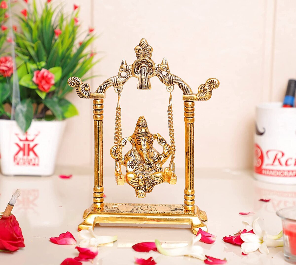 Buy Pink Peony Brass Ganesha Jhula Idol Ganpati Jhoola Ganesh Swing Murti  for Home Decor Wedding Gift | Mandir Good Luck | Multicolor Silver Polish  Kirtimukha Size 18 INCH Online at Low