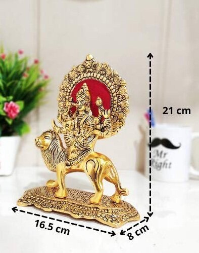 Maa Durga Statue with Lion Figurine for Home Temple Pooja Decorative Showpiece 13 cm Aluminium, Gold