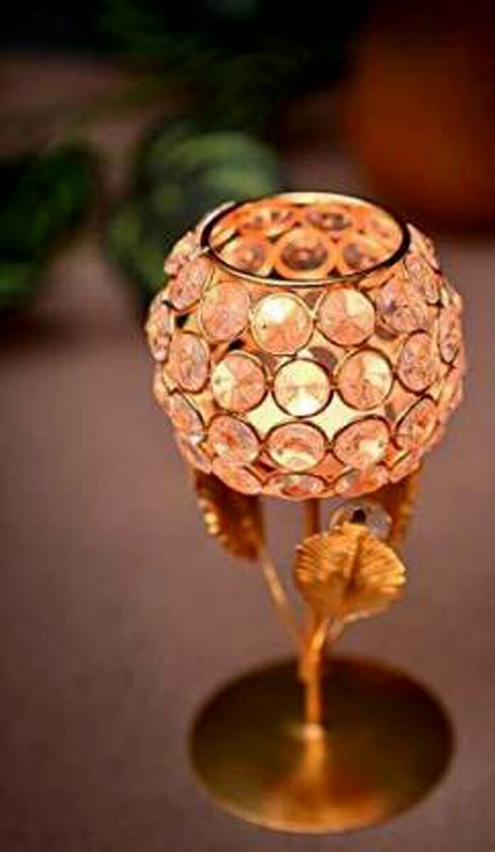 Crystal Golden Rose Candle Holder Votive for Home Decor Tealight Candle Stand or Diwali Decoration Items/Diwali Lights/Diwali Candles