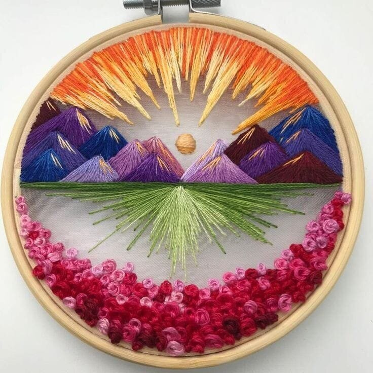 Floral Fiber Art Small Wall Hanging Colorful Flowers Handmade and Hand Stitched Art Purple Abstract Embroidery Hoop