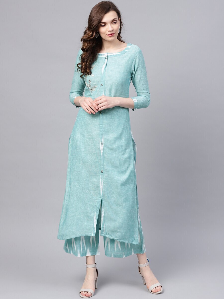 Women's Cotton Sea Green Embroidered A-Line Kurta Palazzo Set, Ethnic wear,  party wear, set for women and girls, Indian Designer Suit