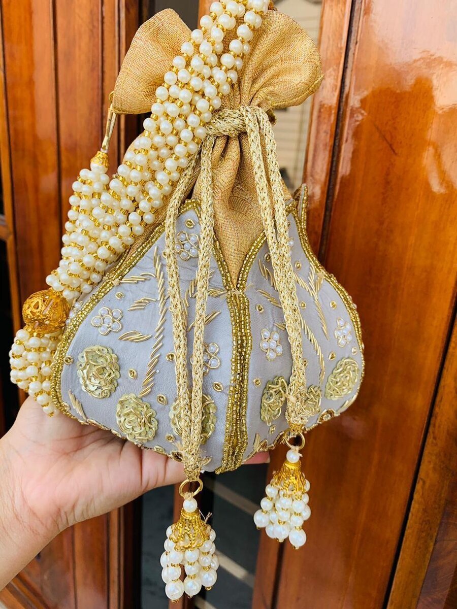 White & Golden Potli, Bridal Embroidered Designer Potli Bag, Wedding Bag  For Women, Clutch Bags, Ethnic