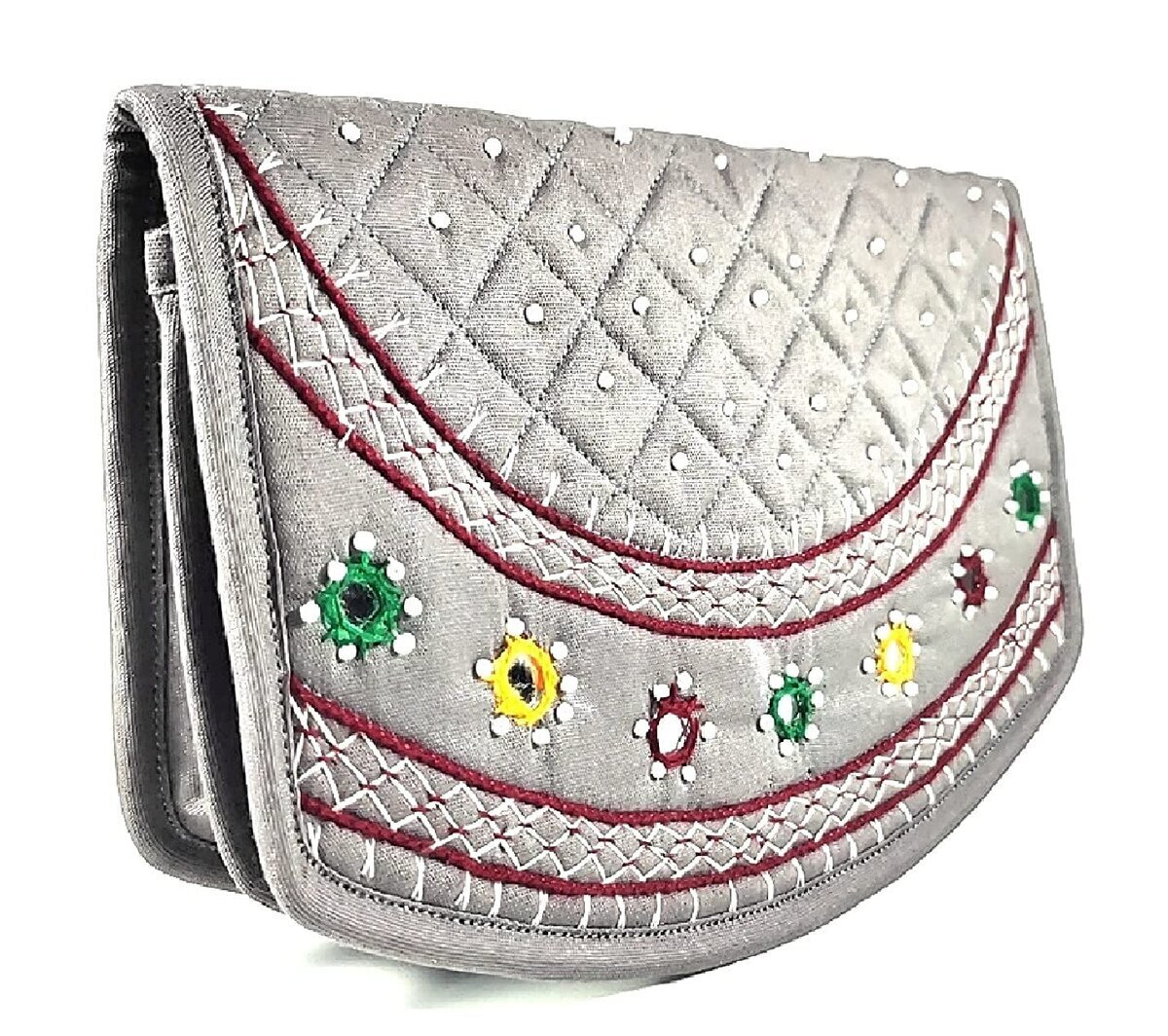 SriShopify Handicrafts Women Hand purse Banjara Designer Clutch for Girls,  Cotton handmade ladies wallet Medium 8.5 Inch, Grey, Original Mirrors Beads  and Thread Work