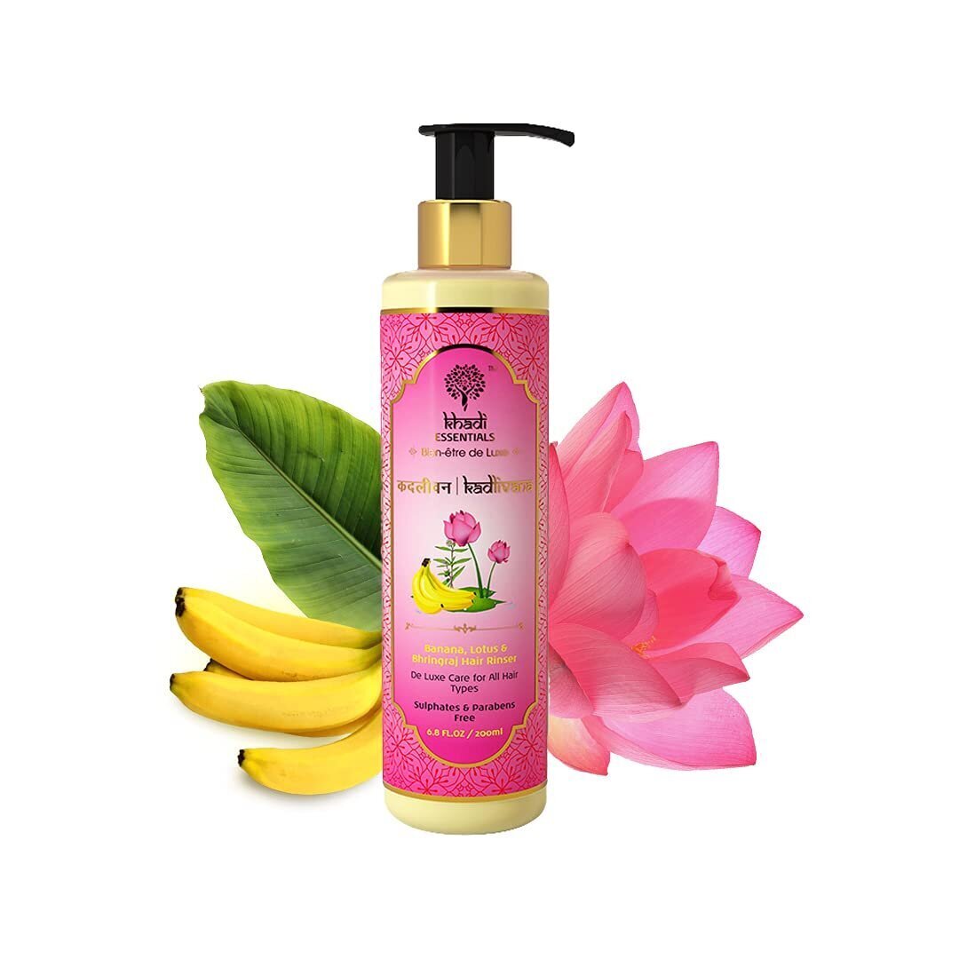 Khadi Essentials Banana Bhringraj Hair Shampoo with Lotus, Aloe Vera,  Kusuma Oil, For Dry Damaged Frizzy Hair, 200 ml SLS Paraben Free Hair Fall  Control Cleanser, Hair Rinser