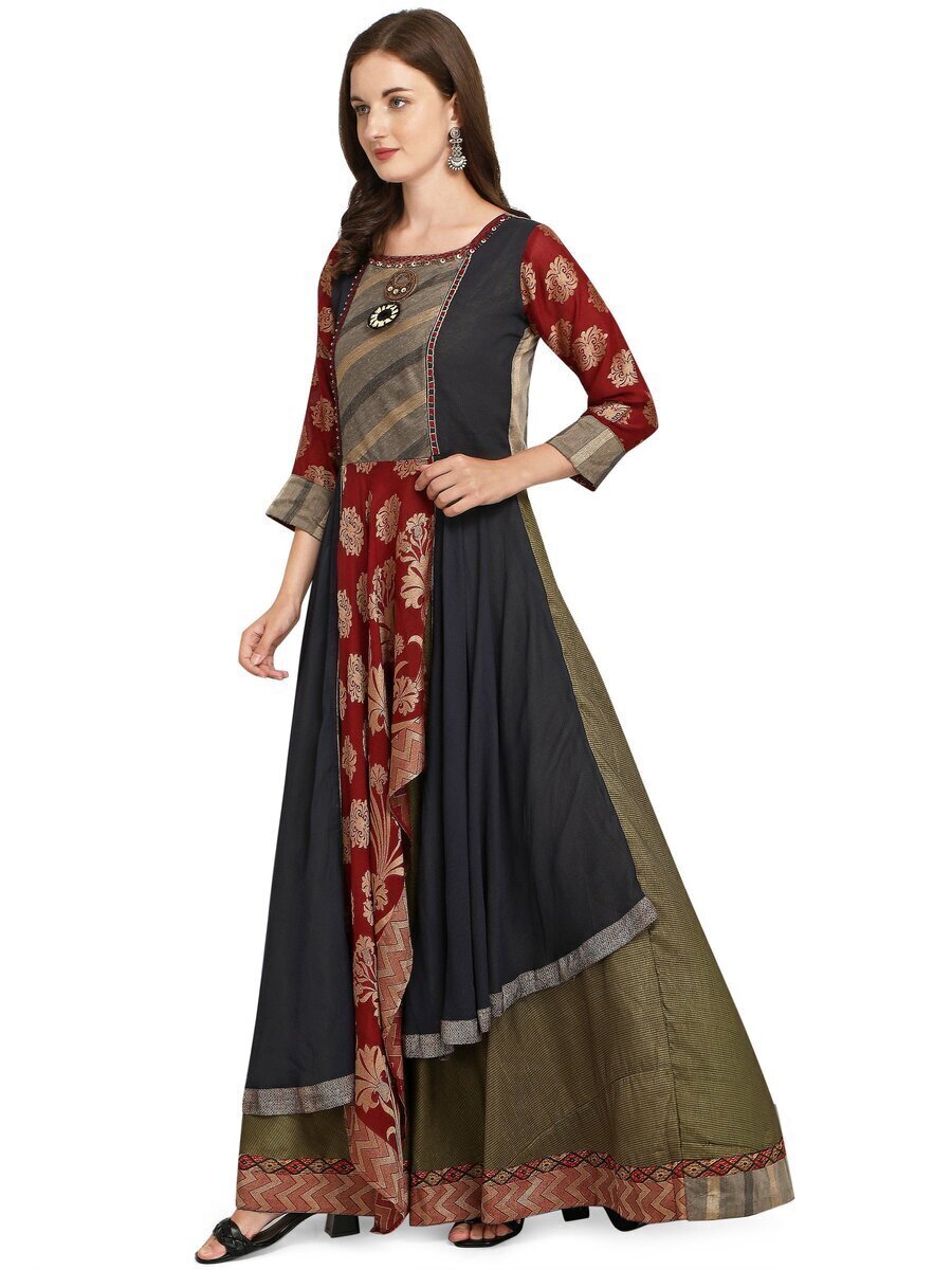 Tempting Wine Chinon Fabric Jacket Style Designer Anarkali Gown  rDresses