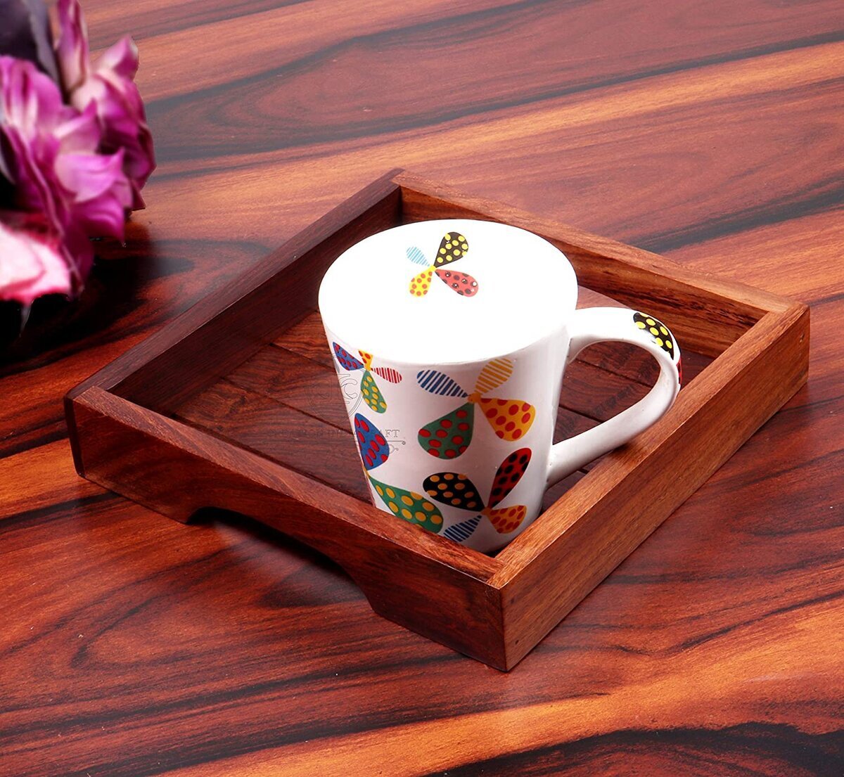 13 Inch Mango Wood Hexagonal Serving Tray, Handcrafted Coffee