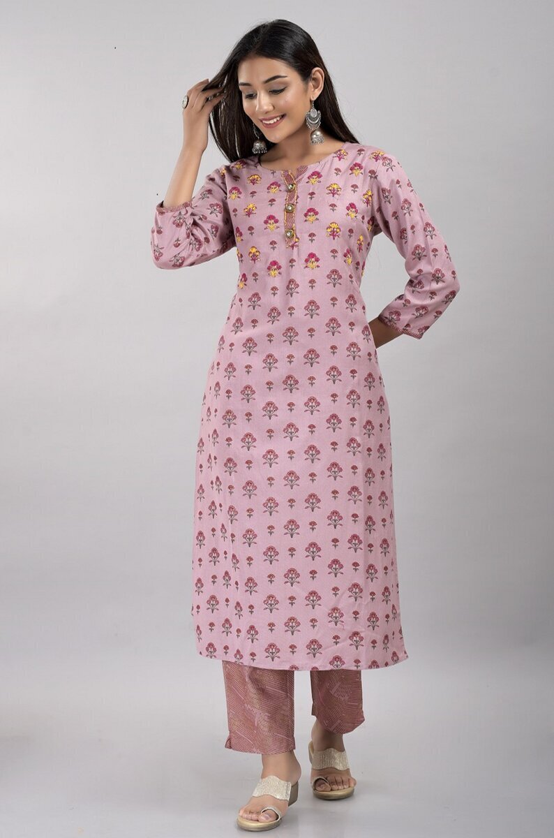 Buy Light Purple Floral Print Straight Kurta With Pants And Dupatta Online  - W for Woman