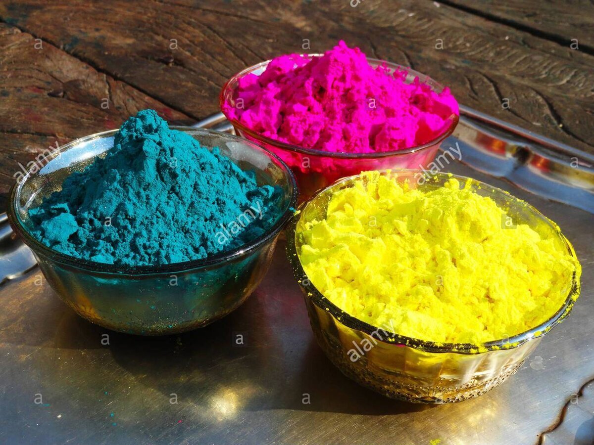 Holi color powder. Organic Gulal colours in bowl for Holi festival