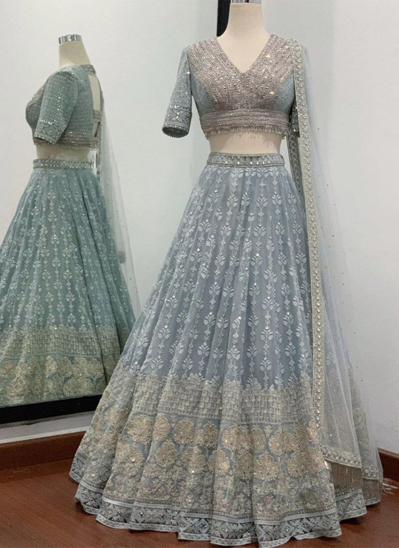 Grey Heavy Embroidered Banarasi Silk Bridal Lehenga Choli at Rs 25000.00 |  Delhi| ID: 26591384262