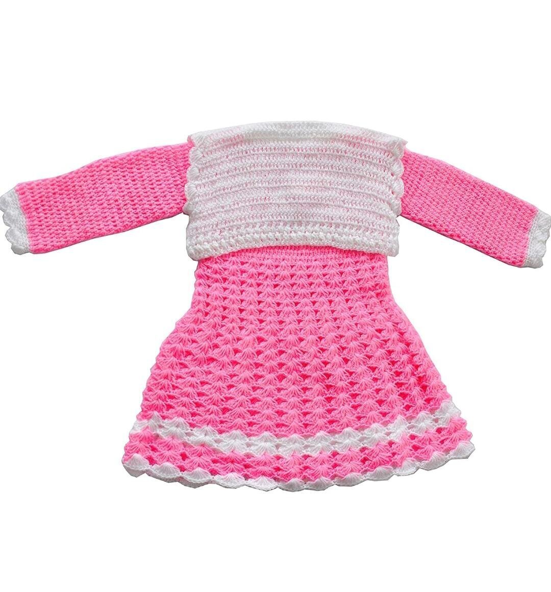 White Redpinkpitch Woolen Hand Knitting Baby Frock