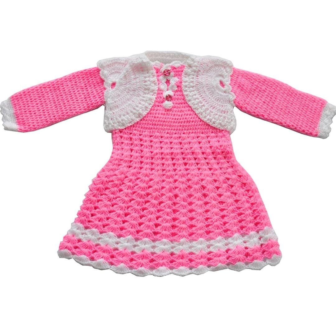 Baby Girl dress in pink and white crochet baby dress chevron baby frock  handmade crochet frock