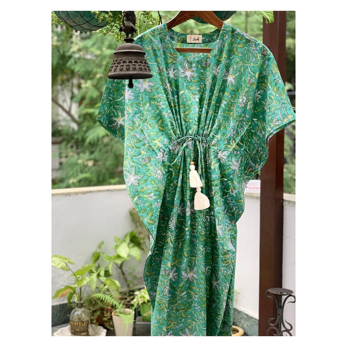 Green Floral Summer Hand Block Printed 100% Soft Cotton Kaftan Dress ...