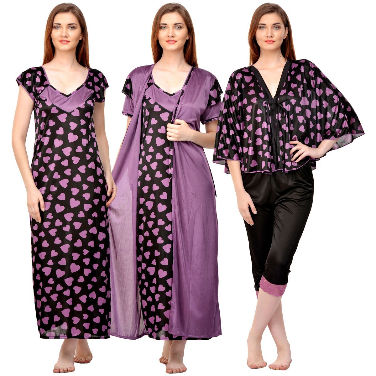 Boosah Womens Printed 4 Piece Satin Nightwearwomen Multi Color Satin Nightie With Robe And Top 